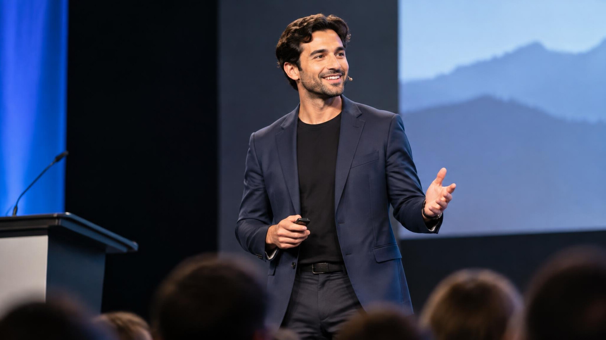 confident speaker on stage