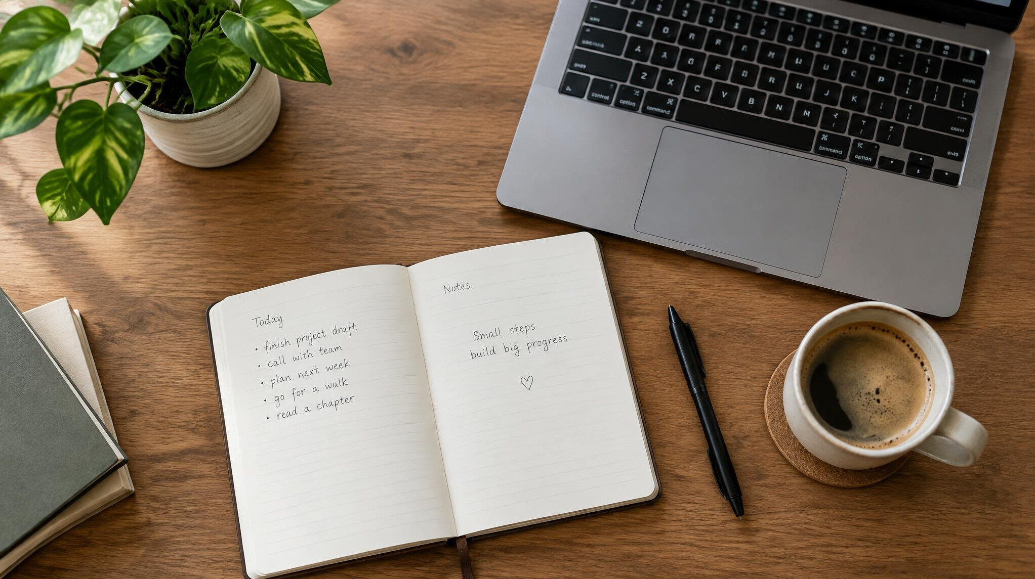 Overhead view of a notebook and laptop on a wooden desk