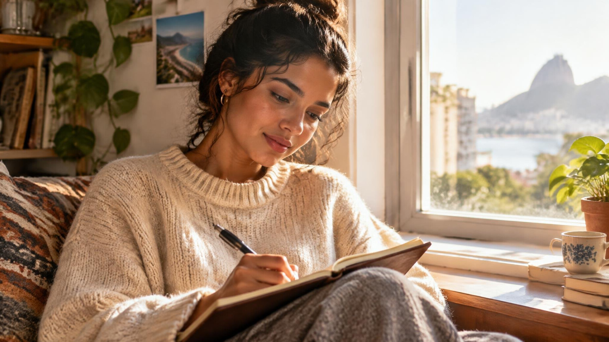 Woman writing in a journal near a sunlit window