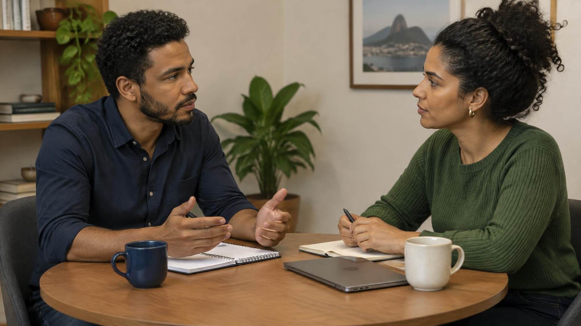 Two people having a calm and respectful discussion at a table